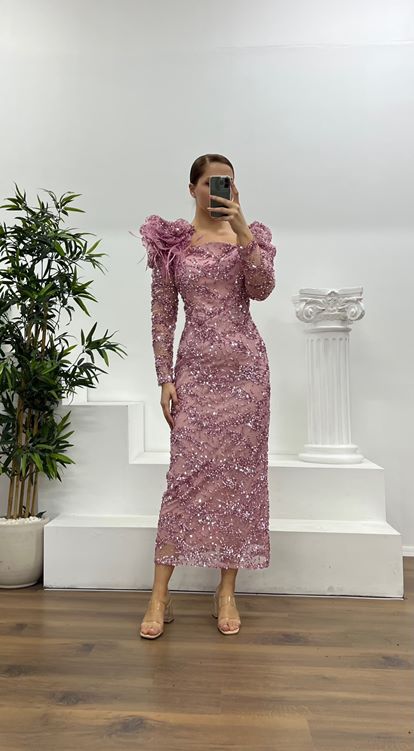 Pudra İşlemeli Büyük Beden Abiye Elbise