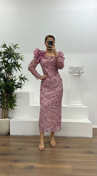 Pudra İşlemeli Büyük Beden Abiye Elbise