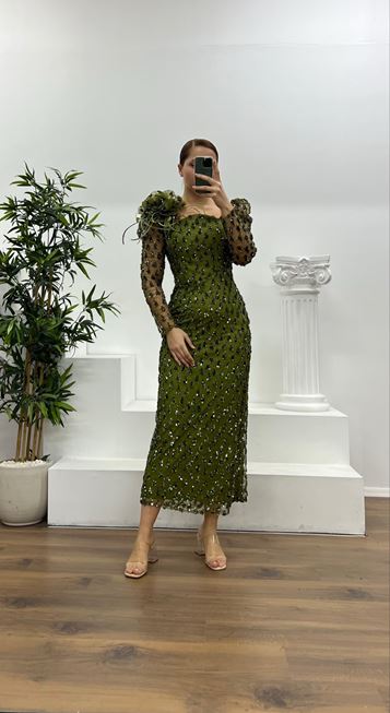 Khaki Embroidered Plus Size Evening Dress