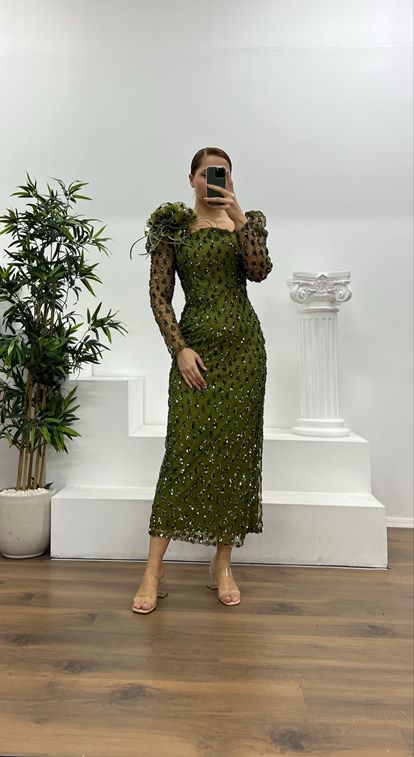 Khaki Embroidered Plus Size Evening Dress