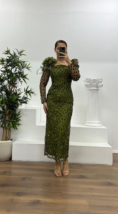 Khaki Embroidered Plus Size Evening Dress