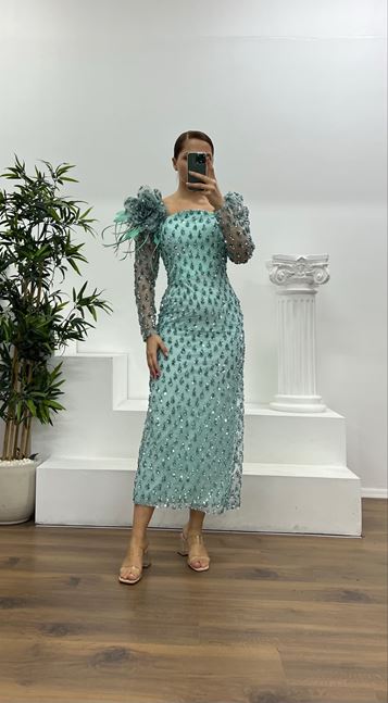 Mint İşlemeli Büyük Beden Abiye Elbise