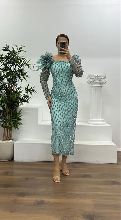 Mint İşlemeli Büyük Beden Abiye Elbise