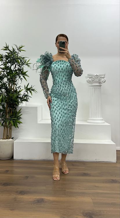 Mint İşlemeli Büyük Beden Abiye Elbise