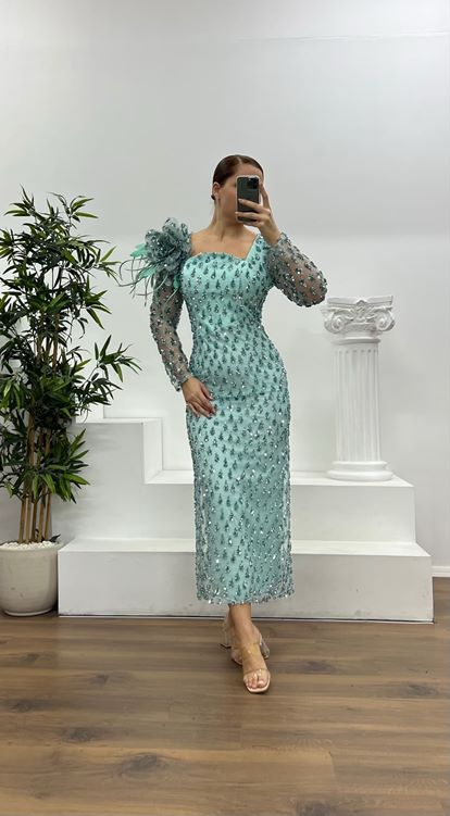 Mint İşlemeli Büyük Beden Abiye Elbise