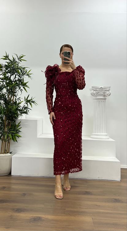 Bordo İşlemeli Büyük Beden Abiye Elbise