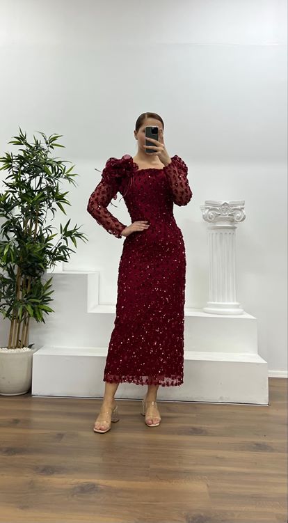 Bordo İşlemeli Büyük Beden Abiye Elbise