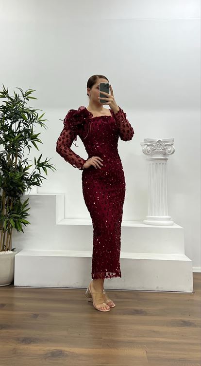 Bordo İşlemeli Büyük Beden Abiye Elbise