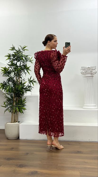 Bordo İşlemeli Büyük Beden Abiye Elbise