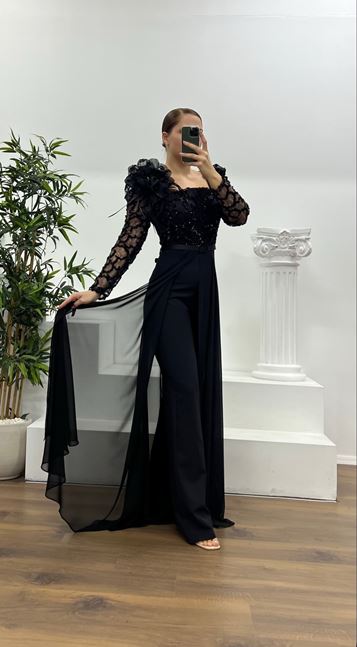 Black Embroidered Plus Size Evening Jumpsuit