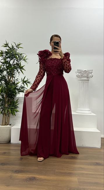 Burgundy Embroidered Plus Size Evening Jumpsuit