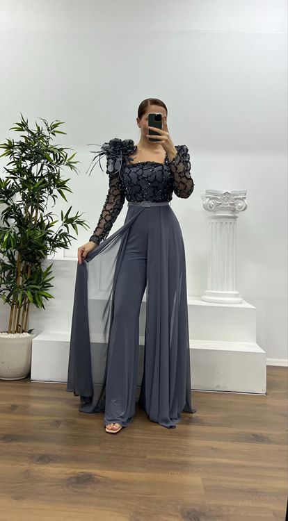 Antrasit İşlemeli  Büyük Beden Abiye Tulum