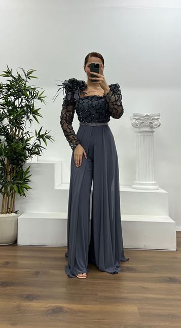 Anthracite Embroidered Plus Size Evening Jumpsuit