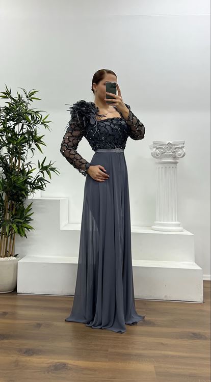 Antrasit İşlemeli  Büyük Beden Abiye Tulum