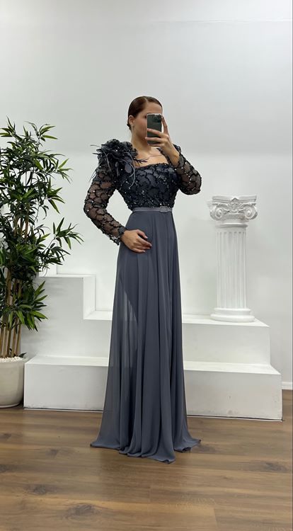 Antrasit İşlemeli  Büyük Beden Abiye Tulum