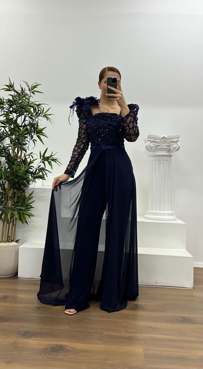 Lacivert İşlemeli  Büyük Beden Abiye Tulum