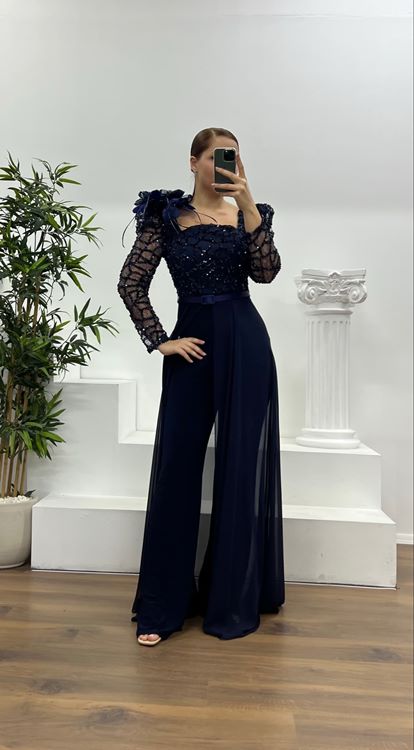 Lacivert İşlemeli  Büyük Beden Abiye Tulum