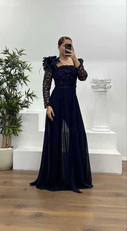 Lacivert İşlemeli  Büyük Beden Abiye Tulum