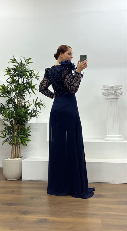 Lacivert İşlemeli  Büyük Beden Abiye Tulum