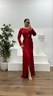 Kırmızı Yaka Taş Detay İşlemeli Saten Abiye Elbise