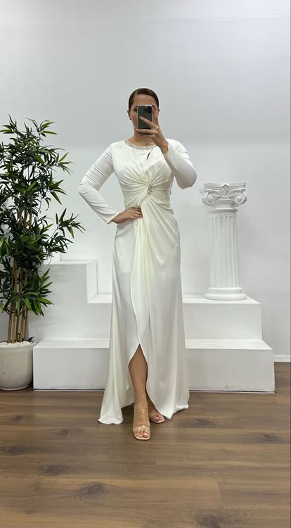 Kemik Yaka Taş Detay İşlemeli Saten Abiye Elbise