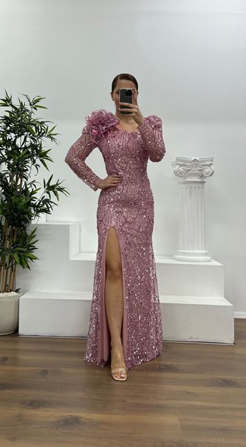 Pudra Kare Yaka İşlemeli Büyük Beden Abiye Elbise