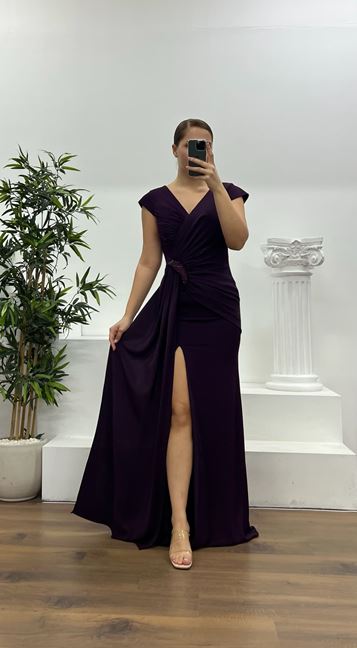 Purple Waist Detail Plus Size Evening Dress