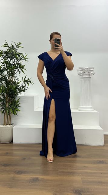 Navy Blue Waist Detail Plus Size Evening Dress