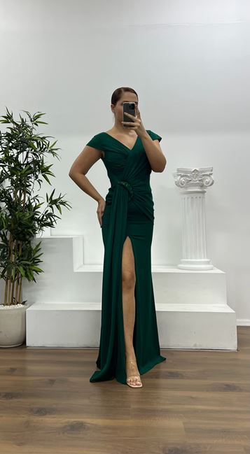 Green Waist Detail Plus Size Evening Dress