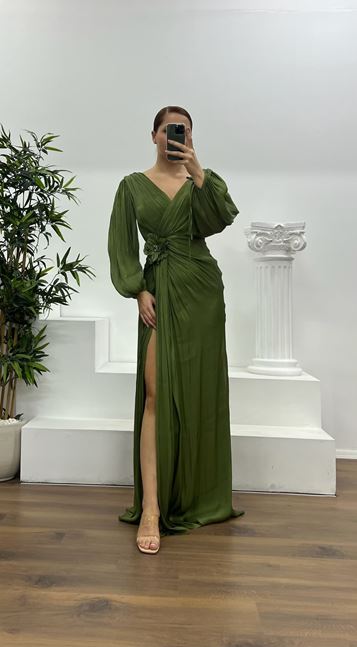 Khaki V-Neck Pleated Plus Size Evening Dress