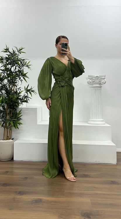 Khaki V-Neck Pleated Plus Size Evening Dress
