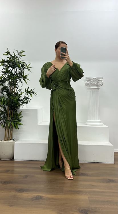 Khaki V-Neck Pleated Plus Size Evening Dress