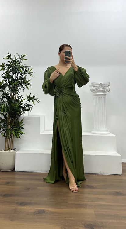 Khaki V-Neck Pleated Plus Size Evening Dress