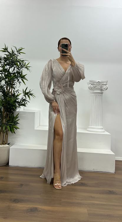 Taş V Yaka Piliseli Büyük Beden Abiye Elbise