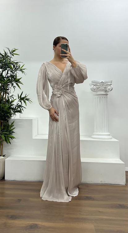 Taş V Yaka Piliseli Büyük Beden Abiye Elbise