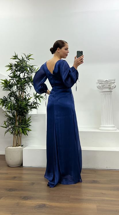 Lacivert V Yaka Piliseli Büyük Beden Abiye Elbise