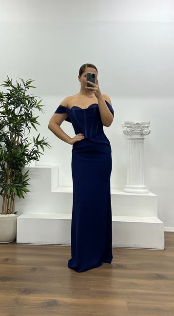 Navy Blue Strapless Plus Size Evening Dress