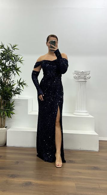 Lacivert Kayık Yaka Pul Payet Büyük Beden Abiye Elbise