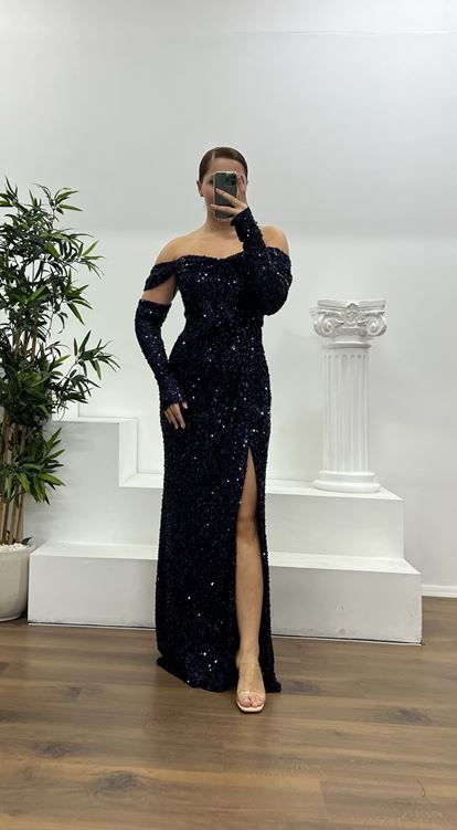 Lacivert Kayık Yaka Pul Payet Büyük Beden Abiye Elbise