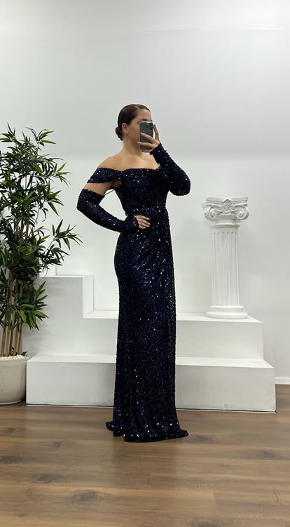 Lacivert Kayık Yaka Pul Payet Büyük Beden Abiye Elbise