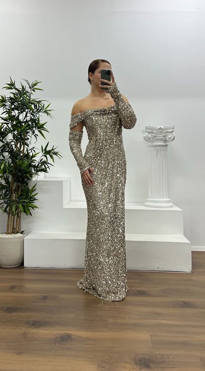 Bej Kayık Yaka Pul Payet Büyük Beden Abiye Elbise