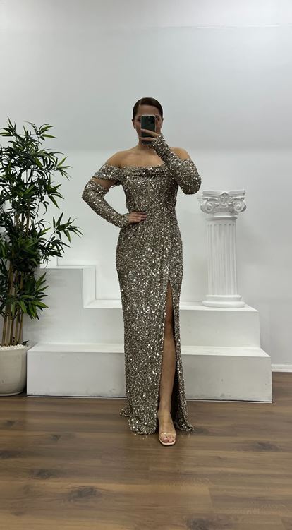 Bej Kayık Yaka Pul Payet Büyük Beden Abiye Elbise