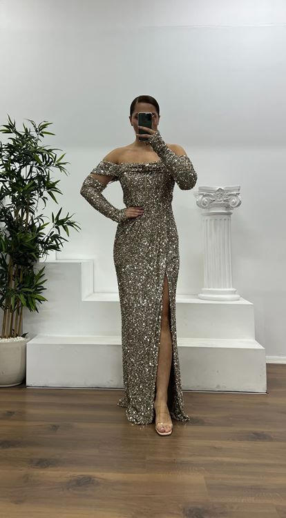 Bej Kayık Yaka Pul Payet Büyük Beden Abiye Elbise