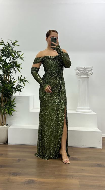 Haki Kayık Yaka Pul Payet Büyük Beden Abiye Elbise