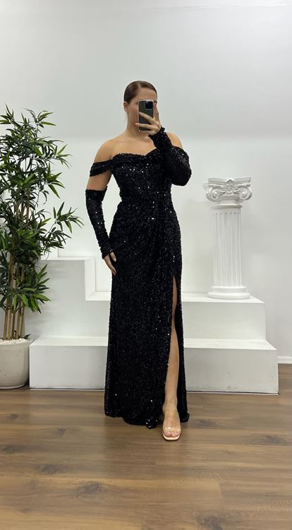 Siyah Kayık Yaka Pul Payet Büyük Beden Abiye Elbise