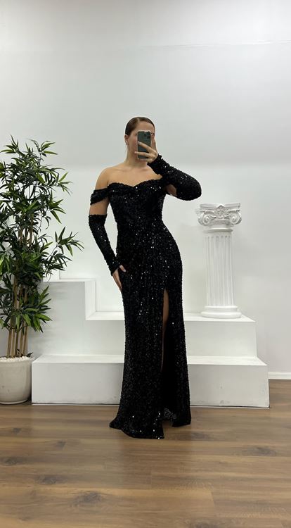 Siyah Kayık Yaka Pul Payet Büyük Beden Abiye Elbise