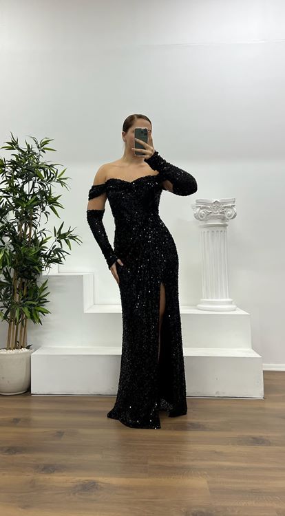 Siyah Kayık Yaka Pul Payet Büyük Beden Abiye Elbise