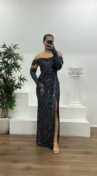 Antrasit Kayık Yaka Pul Payet Büyük Beden Abiye Elbise