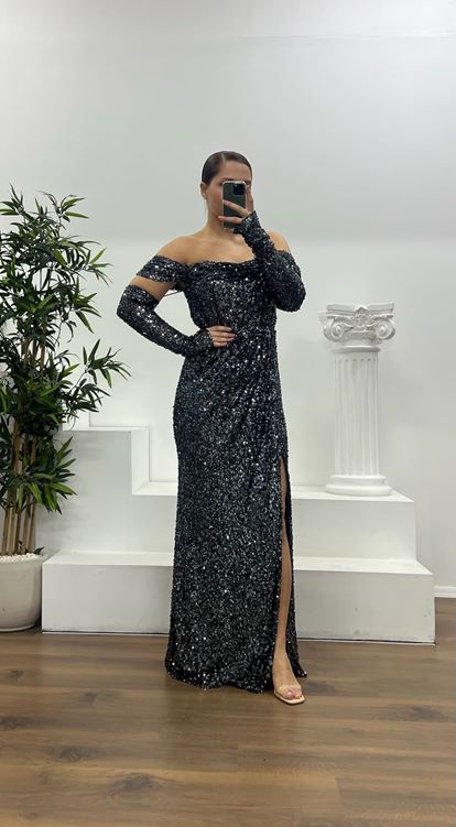 Antrasit Kayık Yaka Pul Payet Büyük Beden Abiye Elbise