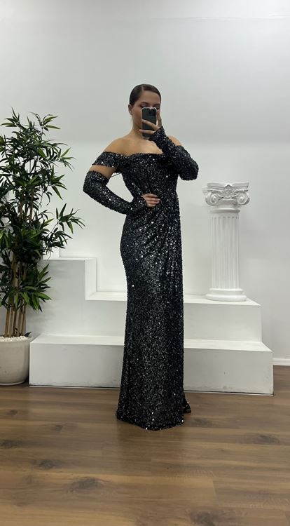 Antrasit Kayık Yaka Pul Payet Büyük Beden Abiye Elbise